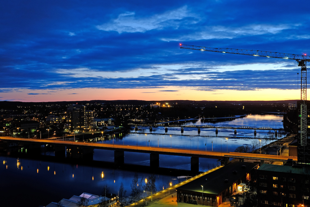 Umea river and bridges at sunset, Umea, Vasterbotten, Sweden