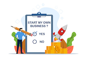 Business motivation concept to become a successful entrepreneur, Start my own business words on notebook paper with checked list, entrepreneur check mark in yes checkbox. flat vector illustration.