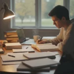 Utveckla ledarskapet med nya kunskaper En fokuserad person sitter och studerar bland böcker och anteckningar.